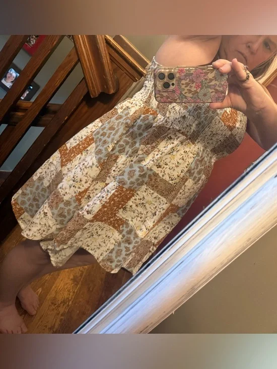 Asymmetrical Patchwork Sundress in Cream and Brown -New-Boutique - Picture 4 of 7